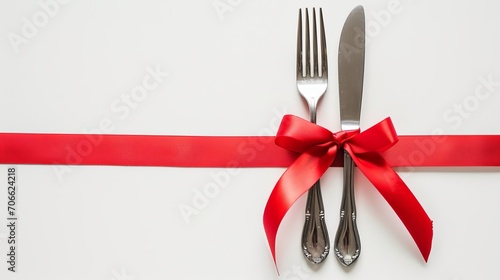 Knife and fork tied with a red ribbon in a bank on a white background   