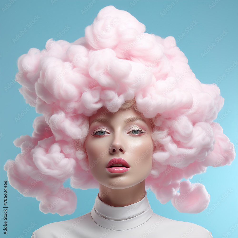 Woman's head in the cloud. Cloud is placed on a woman's head. Foam on a woman's head. Abstract painting of a woman's head in a cloud. Surrealism.