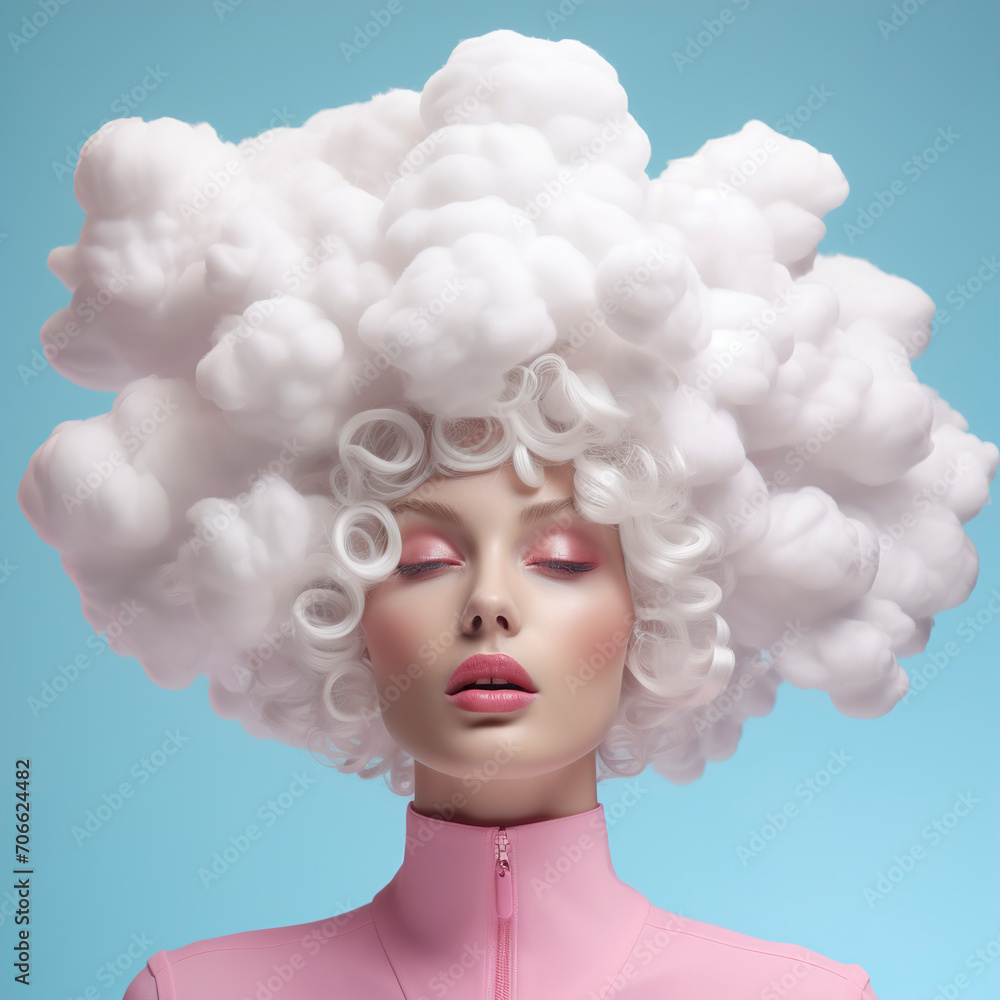 Woman's head in the cloud. Cloud is placed on a woman's head. Foam on a woman's head. Abstract painting of a woman's head in a cloud. Surrealism.
