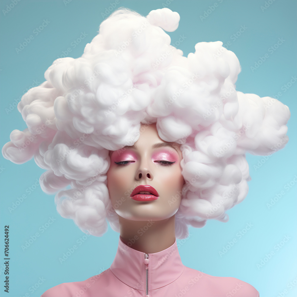 Woman's head in the cloud. Cloud is placed on a woman's head. Foam on a woman's head. Abstract painting of a woman's head in a cloud. Surrealism.