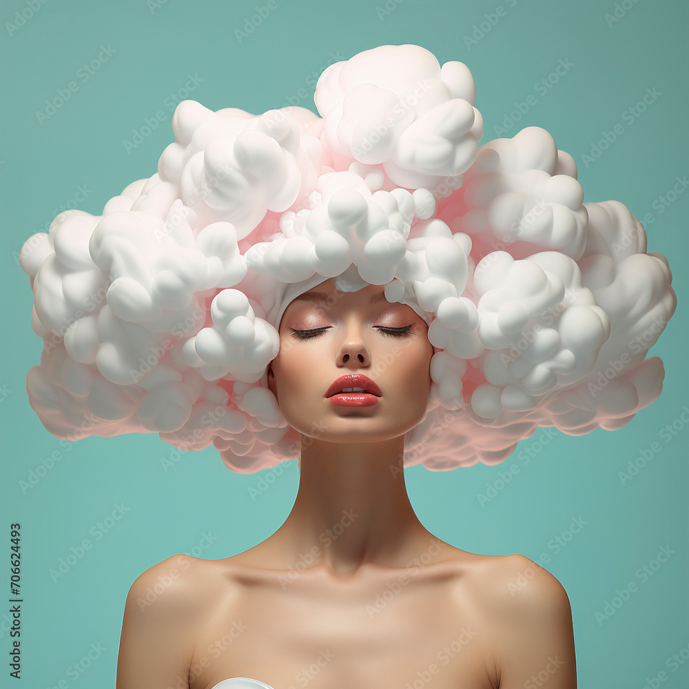 Woman's head in the cloud. Cloud is placed on a woman's head. Foam on a woman's head. Abstract painting of a woman's head in a cloud. Surrealism.