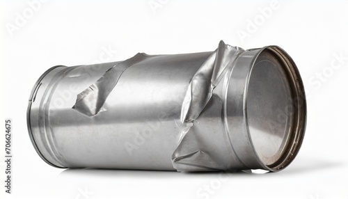 crumpled silver metal barrel white background isolated closeup dented oil drum crushed steel keg battered tin food can squashed aluminium cask wrinkled container broken packaging waste garbage photo