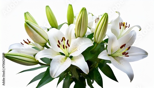 white lily flowers and buds with green leaves on white background isolated close up lilies bunch elegant bouquet lillies floral pattern romantic holiday greeting card wedding invitation design