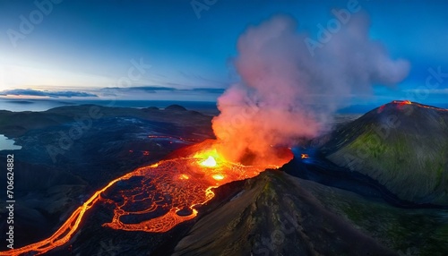 aerial panoramic view of volcano eruption litli hrutur hill fagradalsfjall volcano system in iceland reykjanes peninsula high resolution ultra wide image