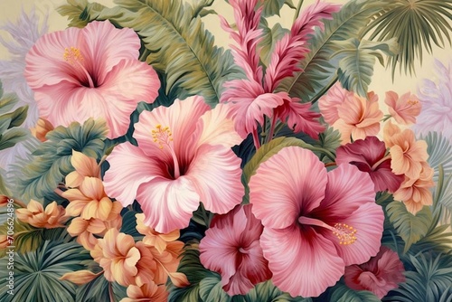 Exquisite floral tapestry captures the beauty of hibiscus blooms in a tropical background. Generative AI