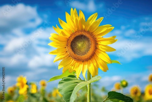 A single Bright yellow sunflower against a blue sky