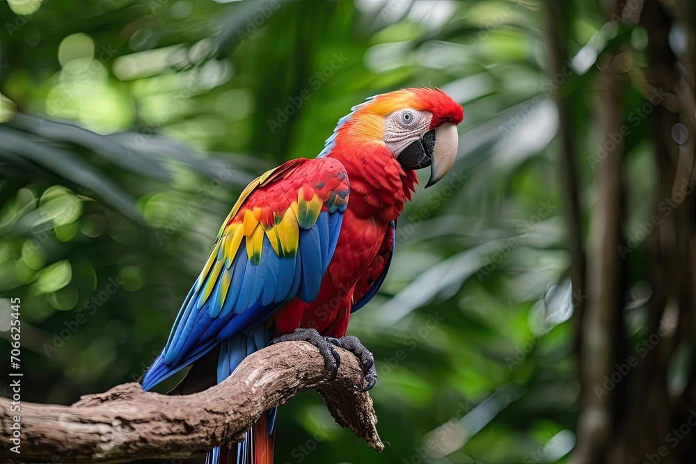 Colorful parrot perched on a branch in a tropical forest