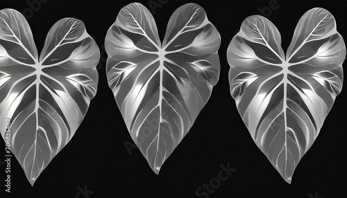 silver metal heart shape leaf black background isolated silver tropical leaves shiny gray metallic plant foliage monochrome petal illustration black white floral branch pattern vintage decoration