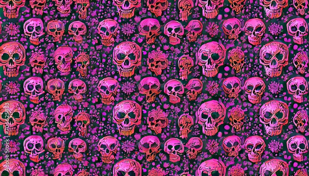 seamless pattern for fabric design wallpaper neon pink skulls on a dark background manual drawing mystical illustration