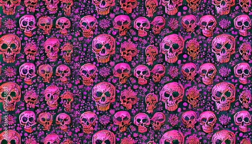 seamless pattern for fabric design wallpaper neon pink skulls on a dark background manual drawing mystical illustration