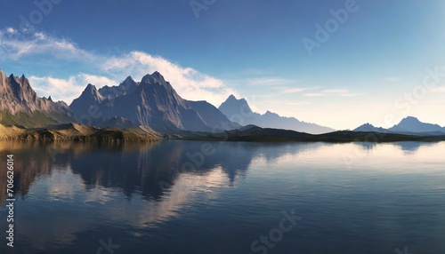 3d render fantasy landscape panorama with mountains reflecting in the water abstract background spiritual zen wallpaper with skyline © Irene