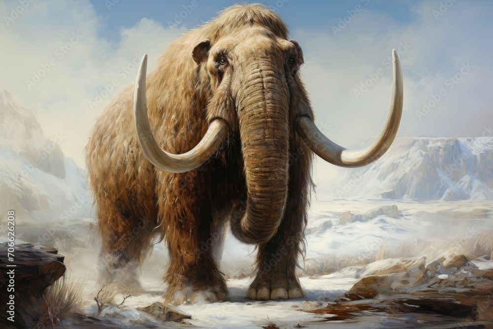 Obraz premium Powerful mammoth animal illustration. Mastodon neolithic fauna. Generate Ai