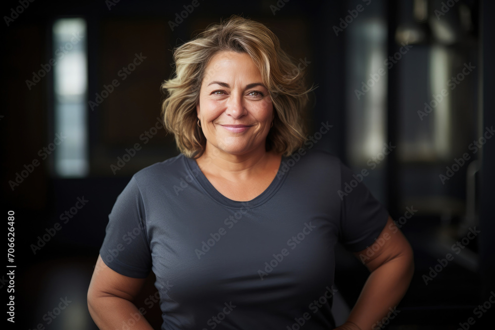 Radiant Middle-Aged Woman in T-Shirt Embracing Fitness - obrazy, fototapety, plakaty 