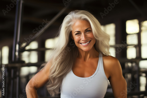Elegant 55-Year-Old Woman with Long White Hair Embracing Fitness