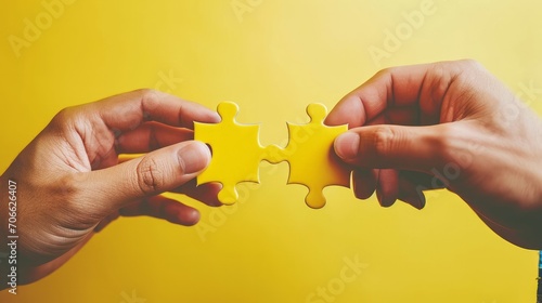 Photo closeup hands of man connecting jigsaw puzzle two hands trying to connect couple puzzle with yellow background hand connecting jigsaw puzzle man hands connecting couple puzzle piece    photo