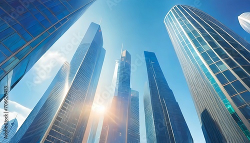 modern skyscrapers of a smart city futuristic financial district graphic perspective of buildings and reflections architectural blue background for corporate and business brochure template