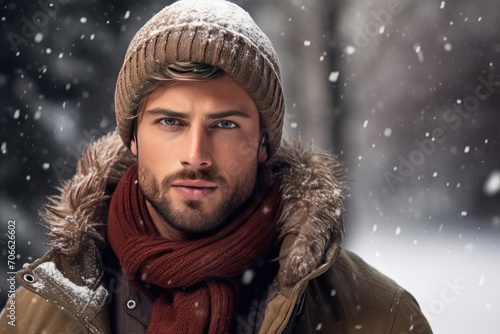 Handsome male model in winter apparel against a snowy backdrop