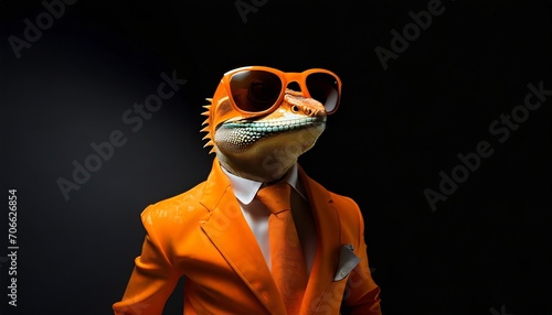 a humanoid lizard wearing a bright orange suit and sun glasses on black background