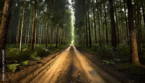 dirt road through dark forest