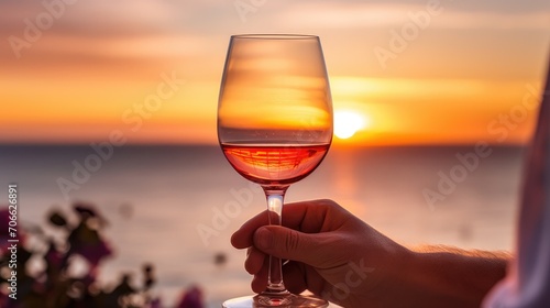 alluring scene with a glass of rose wine in a man's hand against the backdrop of a serene sea and sunset.