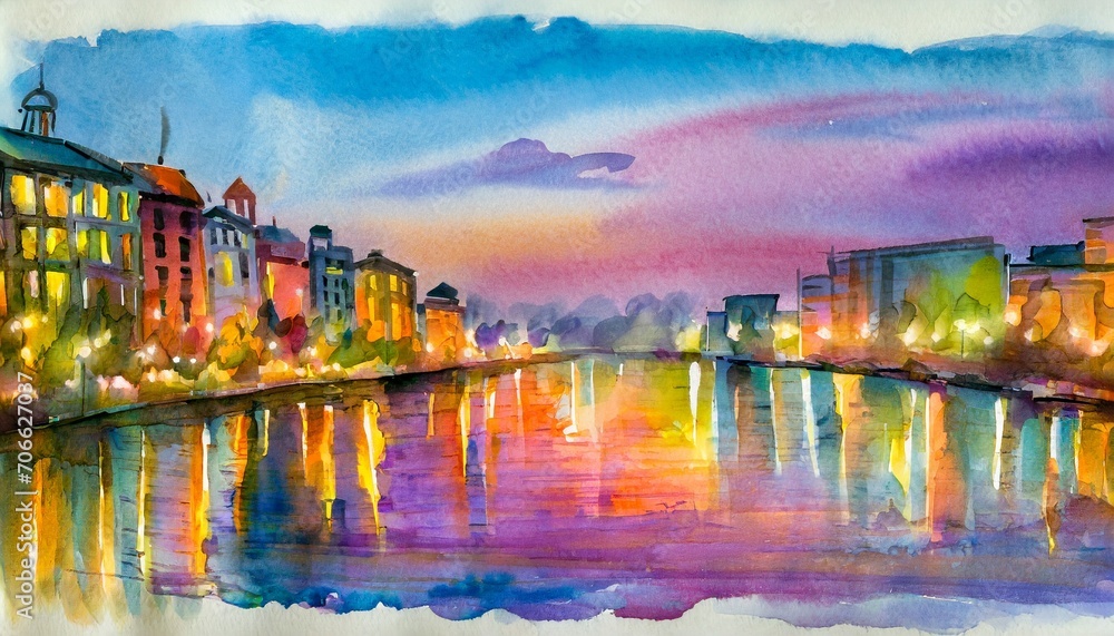 City by the River Landscape Watercolor Paint