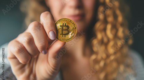 Empowered Female Investor Presenting Bitcoin - Embracing Financial Freedom with Bitcoin ETF, Showcasing Women in Cryptocurrency Investment