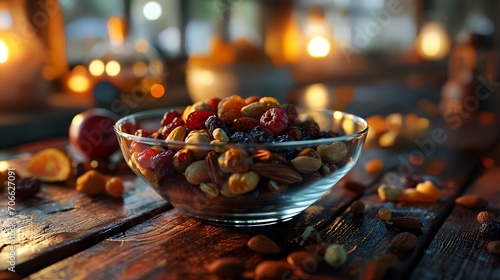 Mix of nuts and dried fruits in glass bowl on wooden table. photo