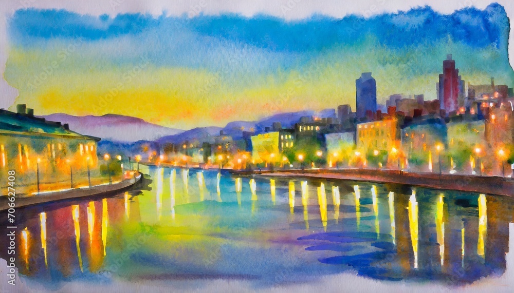City by the River Landscape Watercolor Paint