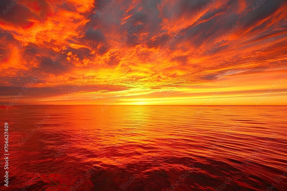 Fiery orange and red sunset painting the sky over a calm sea