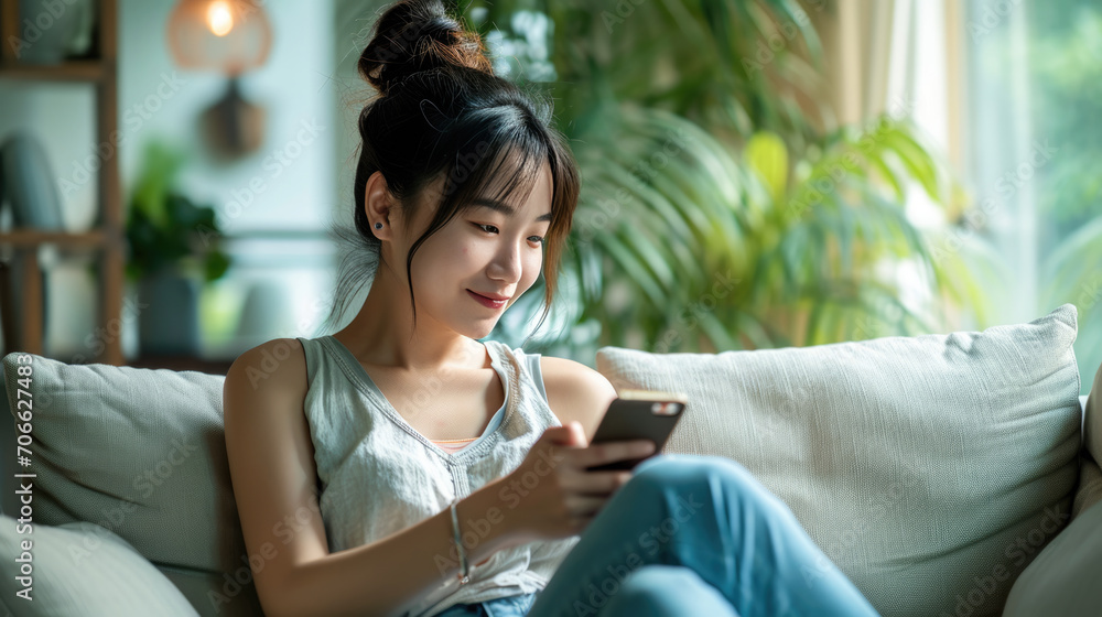 Woman holding her smartphone while sitting at home. Woman holding her smartphone while sitting at home.