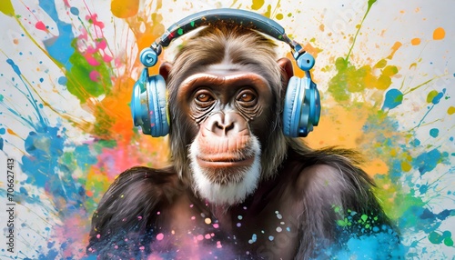 artistic chimpanzee with headphones in vibrant paint splashes