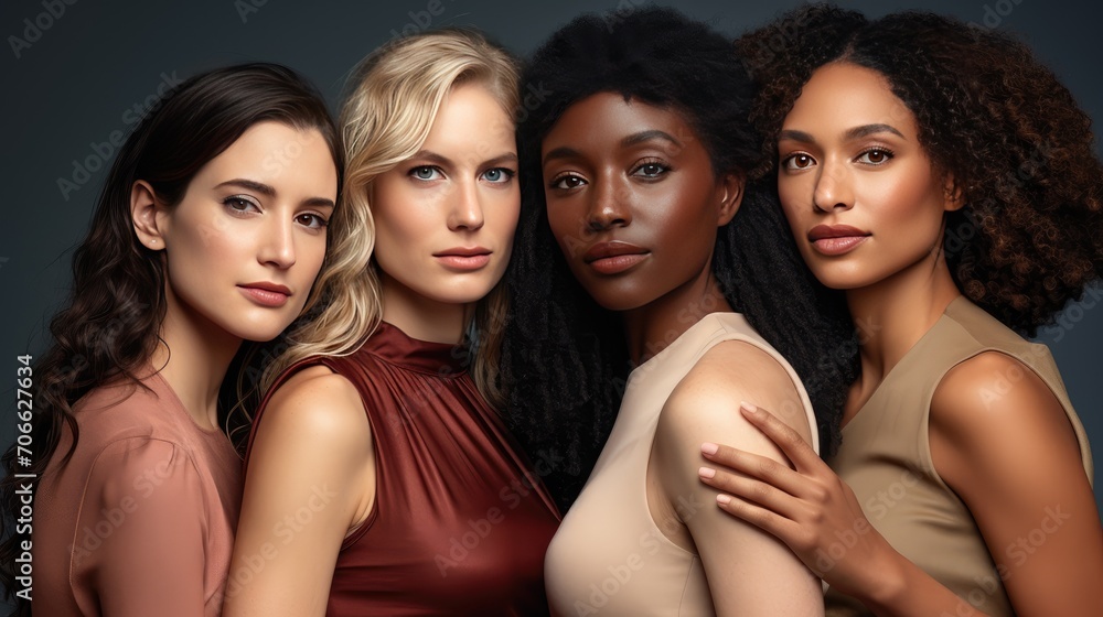 striking image of four young women with distinct skin types, united in strength and beauty. Perfect for promoting inclusivity, empowerment, and cultural diversity. striking image of four young women with distinct skin types, united in strength and beauty. Perfect for promoting inclusivity, empowerment, and cultural diversity.