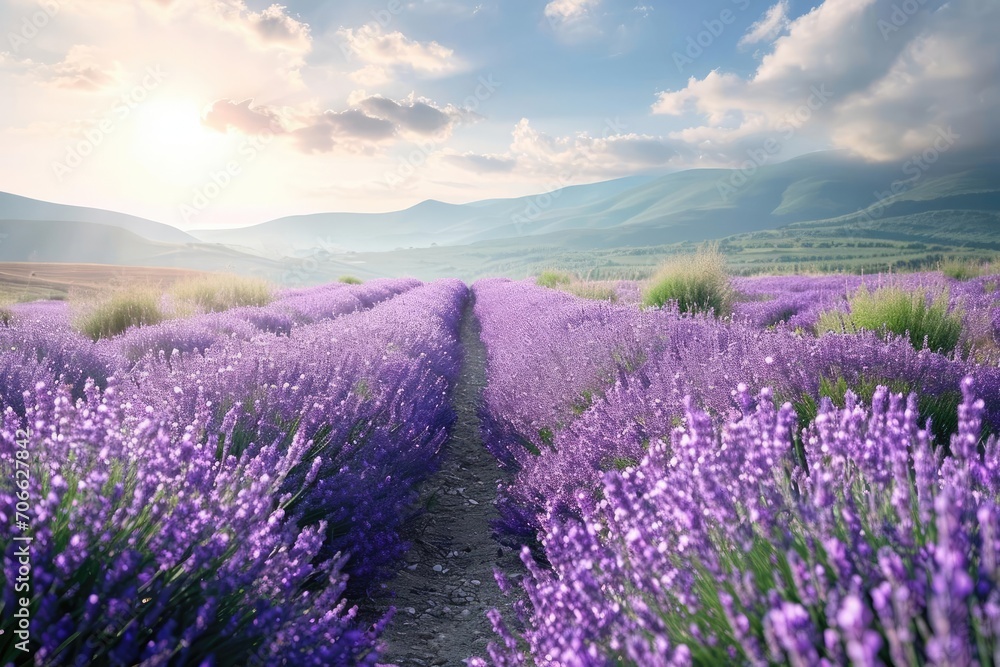 Fototapeta premium Freshly bloomed lavender stretching across a peaceful countryside