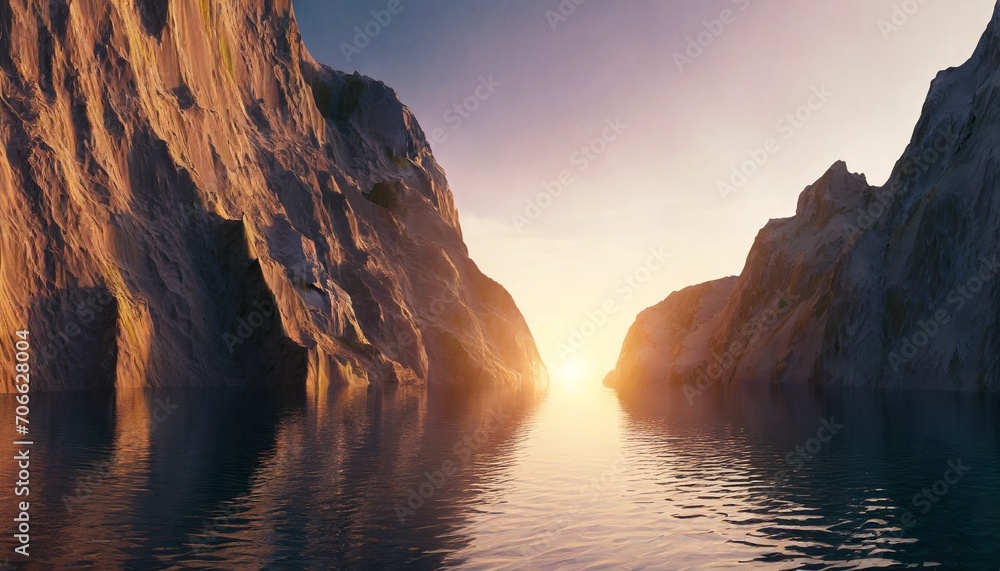 3d render futuristic landscape with cliffs and water modern minimal abstract background spiritual zen wallpaper with sunset or sunrise light