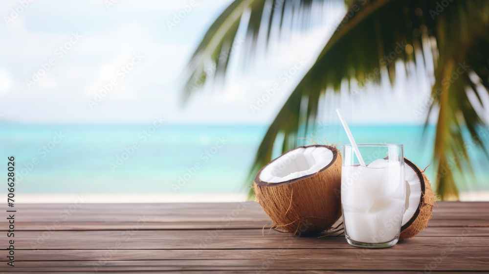Coconut drink in glass with ice cubes and fresh coconut on wooden table on background blurred beach ocean and palm trees, Copy space Coconut drink in glass with ice cubes and fresh coconut on wooden table on background blurred beach ocean and palm trees, Copy space