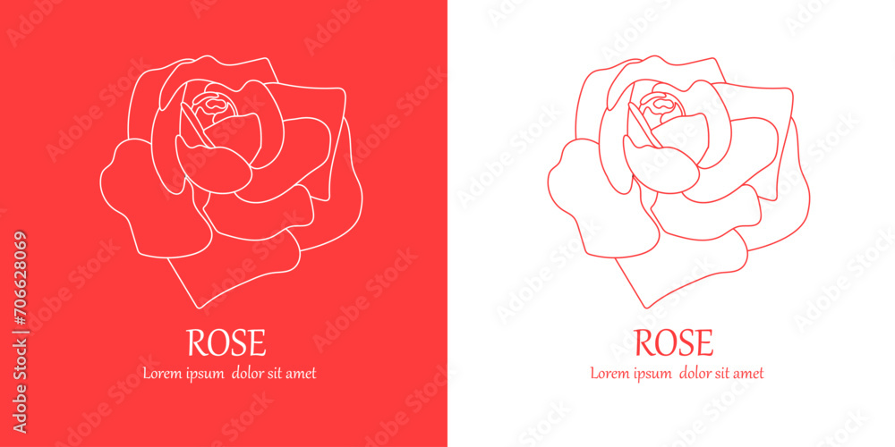 Rose flower petal line and branch with leaves vector logo emblem design template illustration simple minimal linear style. Outline graphics for cosmetic product packaging and garden flowers shop Rose flower petal line and branch with leaves vector logo emblem design template illustration simple minimal linear style. Outline graphics for cosmetic product packaging and garden flowers shop