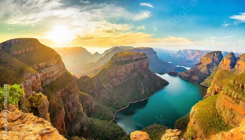 blyde river canyon blue lake three rondavels and god s window drakensberg mountains national park panorana on beautiful sunset light background top view south africa mpumalanga province © Irene