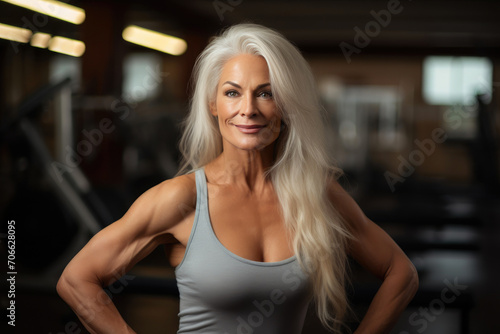 Mature Beauty: Joyful 55-Year-Old, Long Silver Hair, Fitness © Andrii 