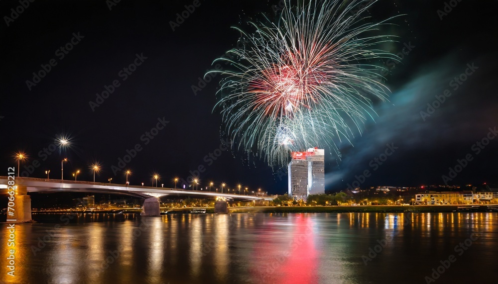 fireworks over the old town in bratislava new bridge over danube river with evening lights in capital city of slovakia bratislava