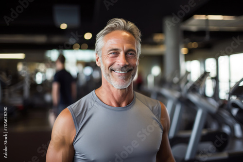 Happy Senior Male Embracing Fitness at Gym