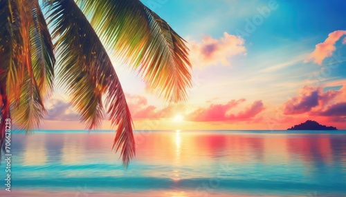 beautiful sea sunset landscape ocean sunrise tropical island beach dawn palm tree leaves silhouette blue water colorful red pink orange yellow sky clouds sun reflection summer holidays vacation © Irene