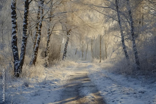 Glittering frost blanketing a quiet winter forest