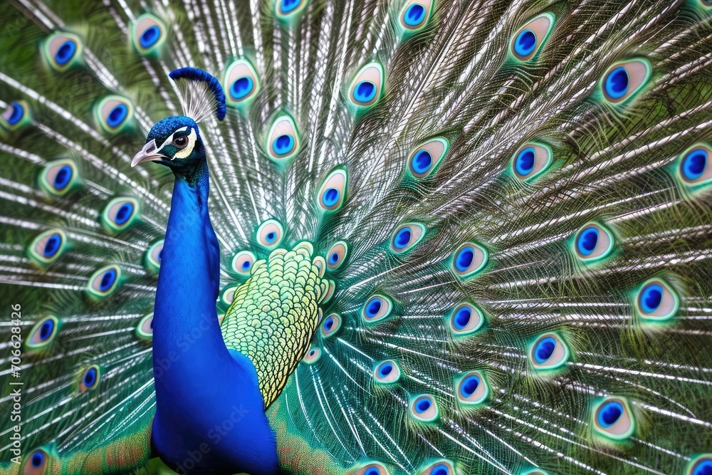 Obraz premium Graceful peacock displaying its colorful feathers Exotic beauty