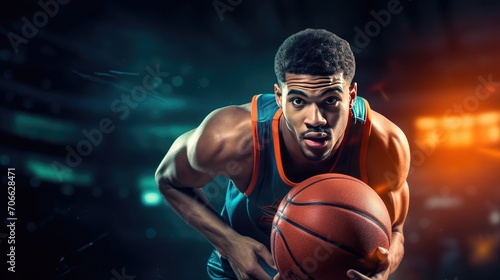 striking image of an African American basketball player with a ball on a bold black background.