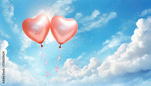 two helium balloons in the shape of a heart are flying in the blue sky and among the white clouds poster and banner valentine s day
