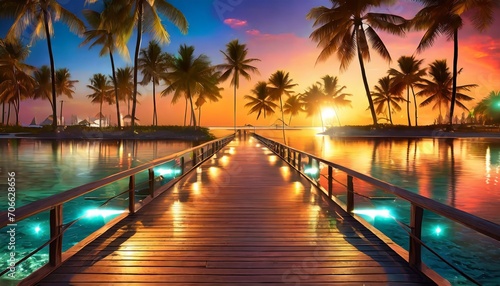 beautiful sunset beach coast colorful sky clouds sun rays over palm trees silhouette panoramic island landscape calm sea reflections relax tropical paradise wooden pier path led lights in resort © Irene