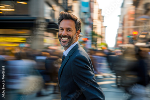Businessman in Motion: Cityscape Stroll and Smile
