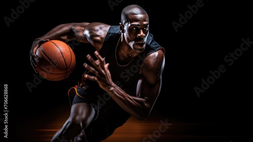 striking image of an African American basketball player with a ball on a bold black background. photo