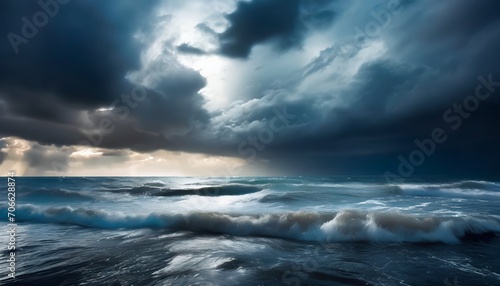 a dark and dramatic ocean scene with waves and clouds wide view of the ocean with the sky covered with stormy clouds for an epic background or wallpaper © Irene
