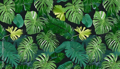 green seamless tropical wallpaper pattern with tropical leaves of monstera palm banana dark plant background great for fabric wallpaper paper design